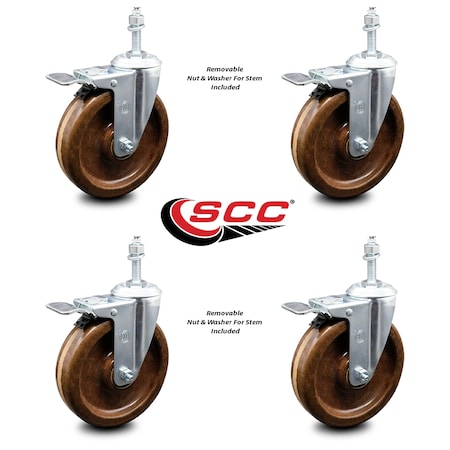 Service Caster 5 Inch High Temp Phenolic Swivel 3/8 Inch Stem Caster Set with Total Lock Brake SCC-TSTTL20S514-PHSHT-381615-4